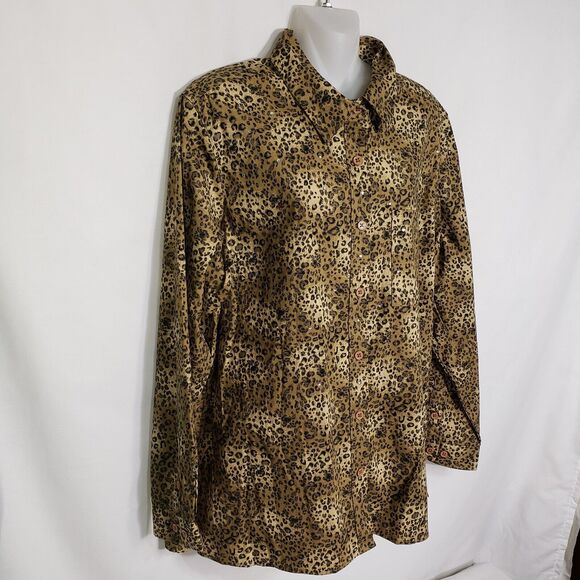 Quacker Factory Women Shirt Large LeopardPrint Stretch Rhinestone Studded Pocket - Picture 5 of 9